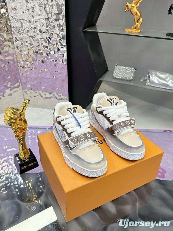 2024 Unisex Louis Vuitton White Brown Leather Mesh Plimsolls Waxed Vintage MJ00500