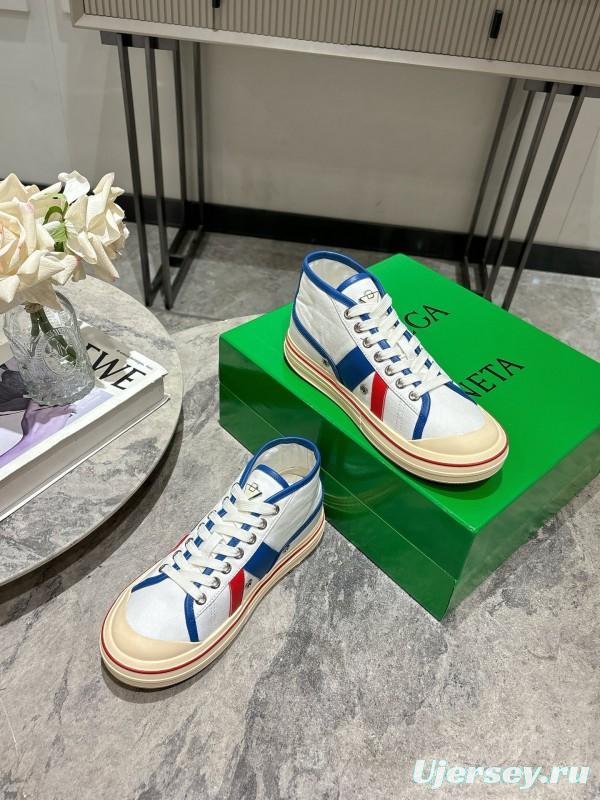2025 Unisex Bottega Veneta White Blue Red Canvas Lambskin Sneakers Hand Painted Red Line KFY00260