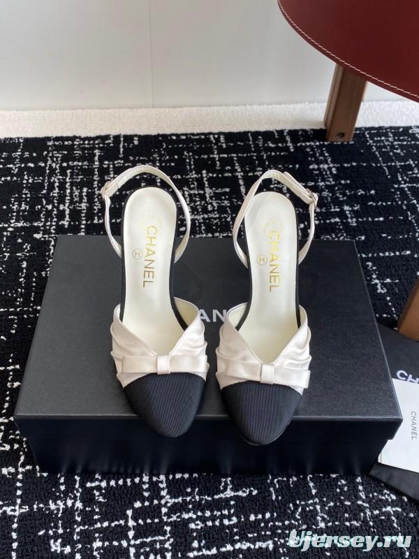 2025 Women Chanel Black White Satin Leather Slingback Heels