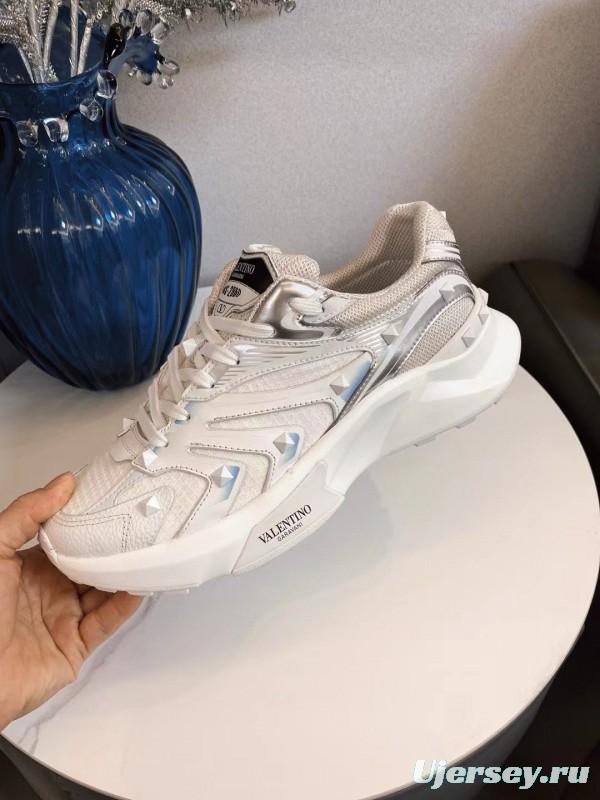2024 Unisex Valentino White Silver Mesh Leather Sneakers MJ00410