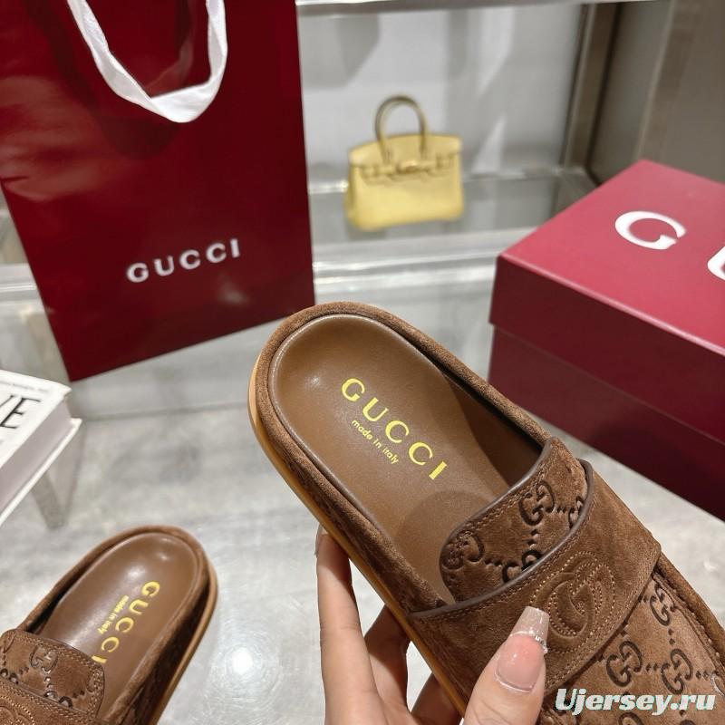 2025 Women Gucci Dark Brown Suede Mule Embossed GG LY00270