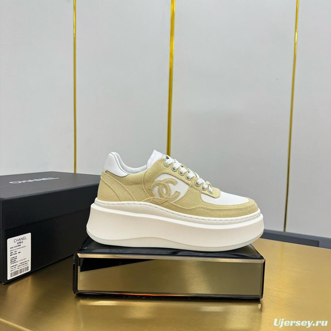 2025 Women Chanel Beige White Canvas Leather Sneakers