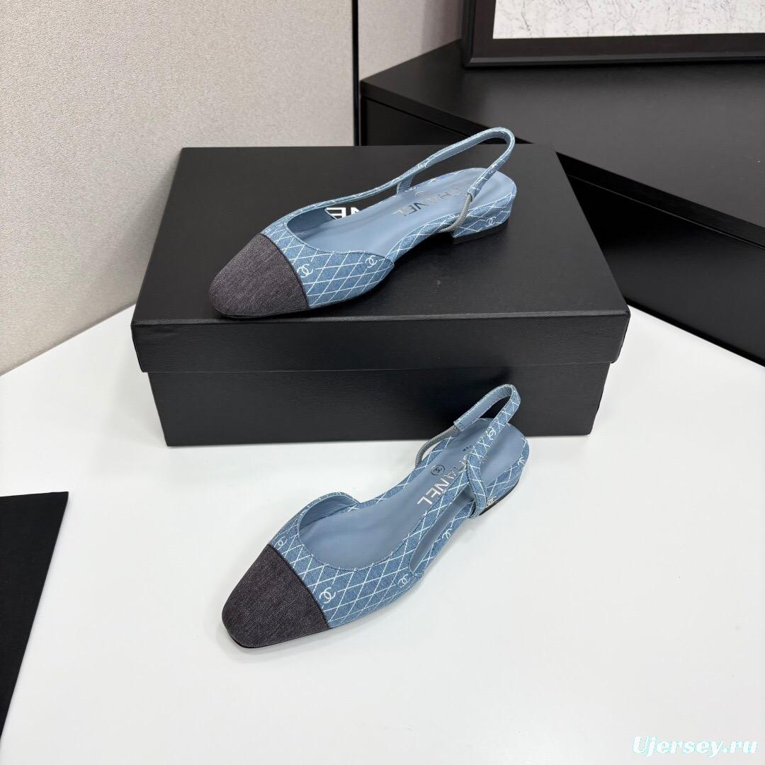 2025 Women Chanel Blue Black Denim Leather Slingback LY00240