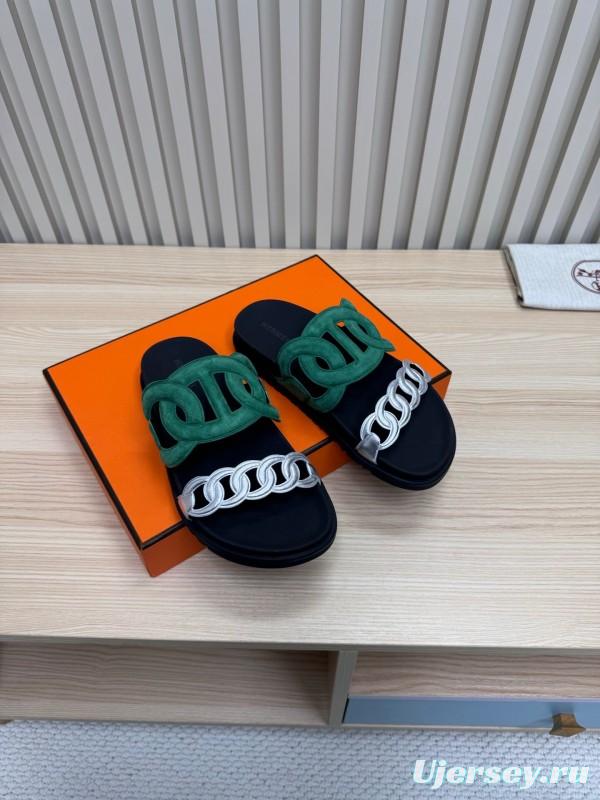 2025 Slippers Hermès Green Black Suede Leather Slippers