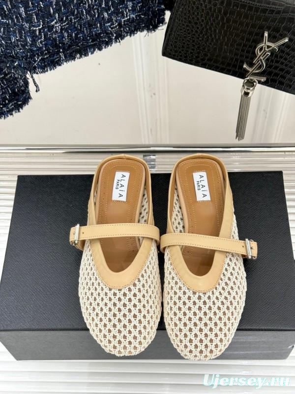 2025 Slippers ALALIA Beige Mesh Leather Flat Buckle