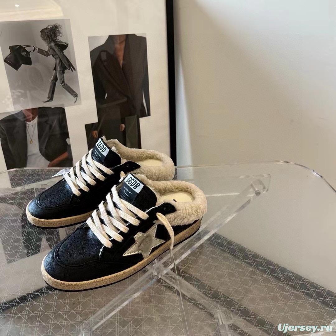 2024 GGDB Black White Leather Shearling Slippers MJ00280