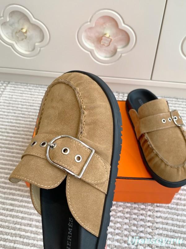 2025 Women Hermès Light Brown Suede Mule Handmade KFY00290