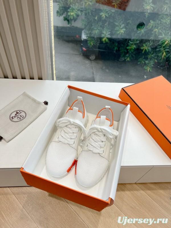 2024 Unisex Hermès white orange knit leather sneakers