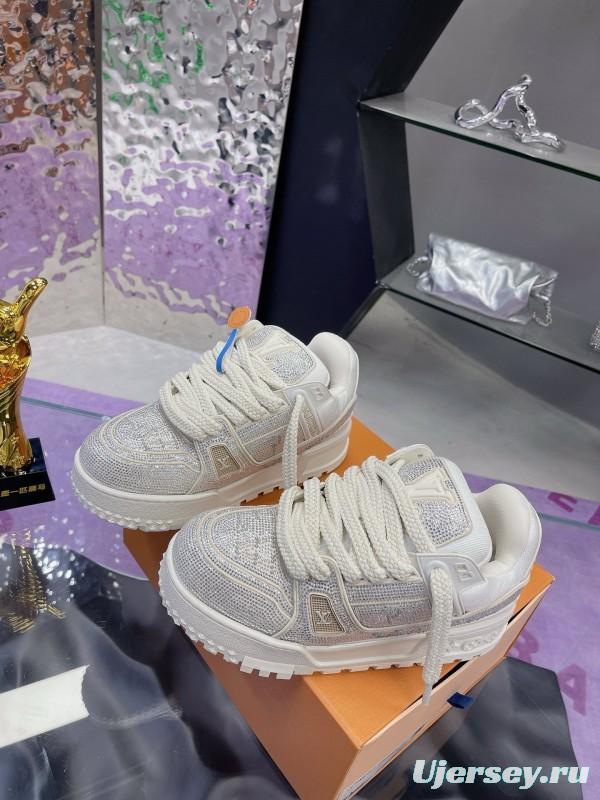 2024 Unisex Louis Vuitton White Silver Leather Trainers Crystal Embellished MJ00430