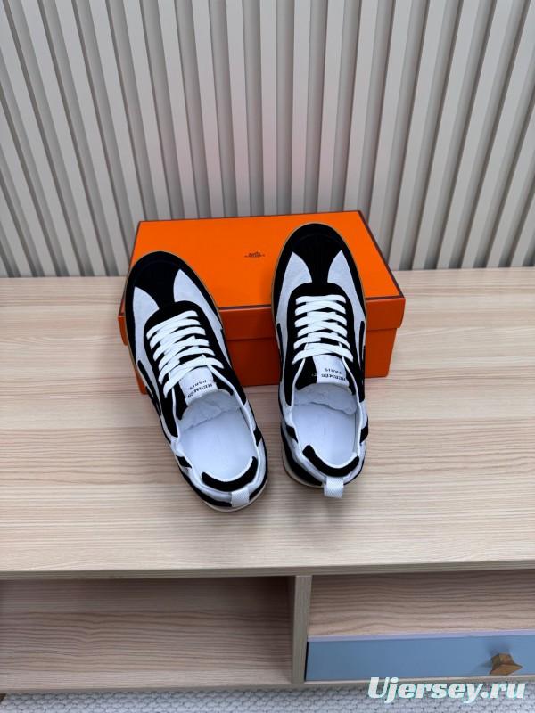 2025 Unisex Hermès Black White Suede Down Fabric Sneakers Top Version KFY00300
