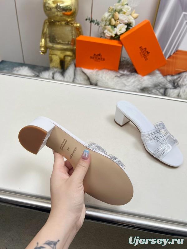 2025 Slippers Hermès White Leather Crystal MJ00180