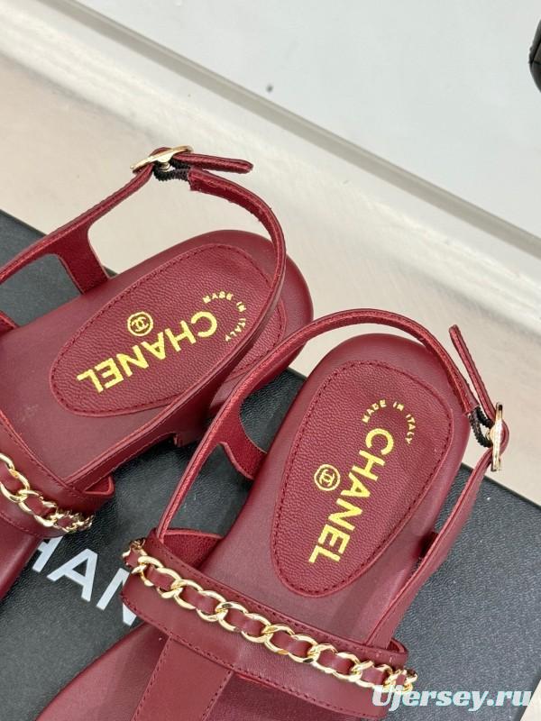 2025 Women Chanel Red Leather Sandals Chain Decoration