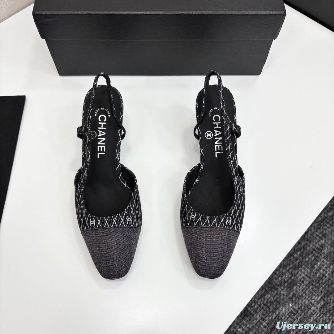 2025 Women Chanel Black White Fabric Slingback Heel LY00240