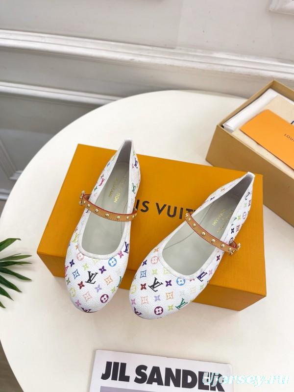 2025 Women Louis Vuitton White Multicolor Canvas Ballet Flat MJ00300