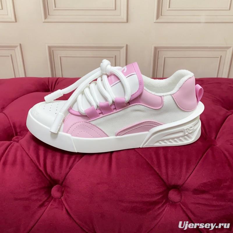 2025 Women Dolce & Gabbana White Pink Leather Mesh Sneakers