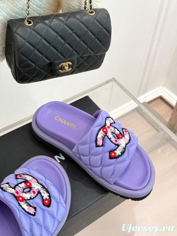 2025 Slippers Chanel Purple Quilt Embroidery