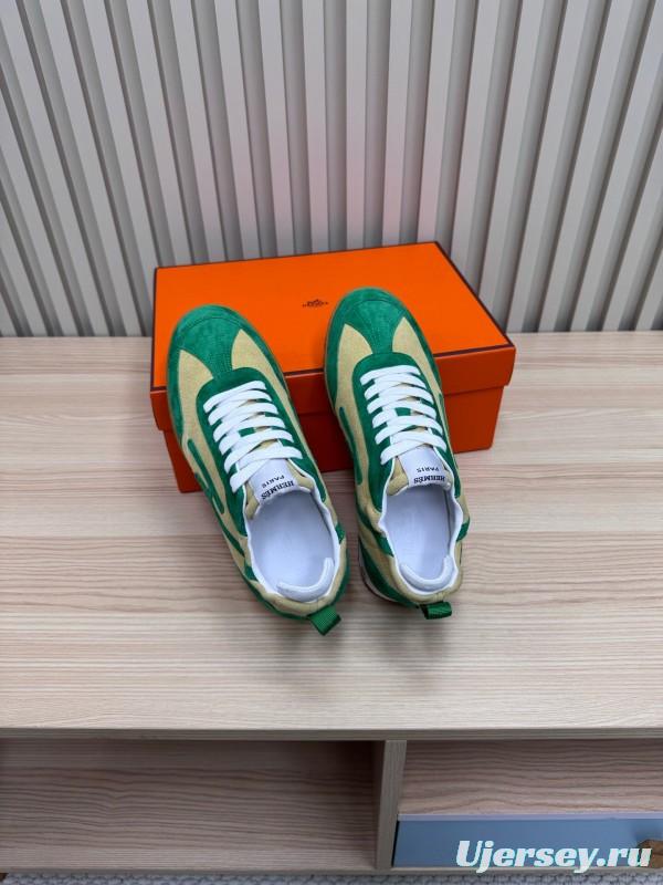 2025 Unisex Hermès Green Beige Suede Down Fabric Sneakers Top Version LY00310