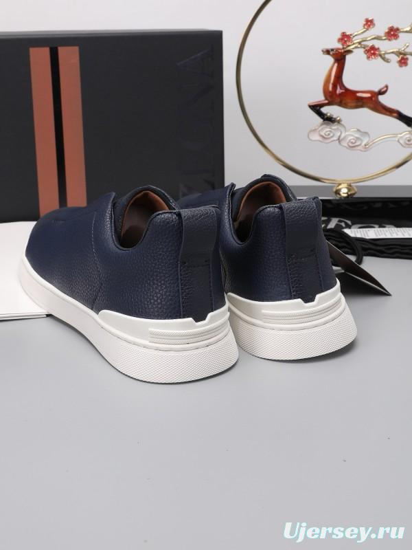 2024 Men Ermenegildo Zegna Navy Blue Leather Suede Low Top Sneakers MJ00240