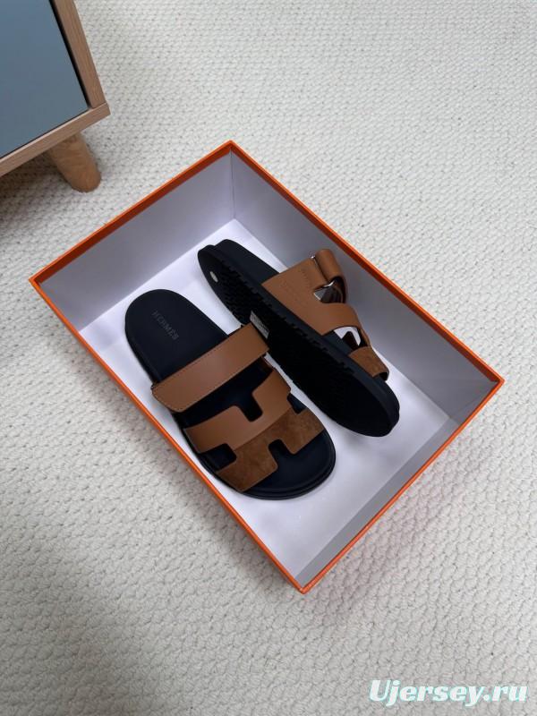 2025 Slippers Hermès Brown Black Leather Nubuck Slippers