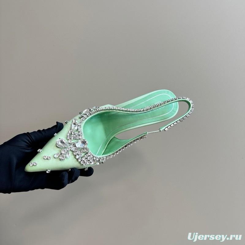 2025 Women Gucci Light Green Satin High Heel Slingback Rhinestone MJ00340