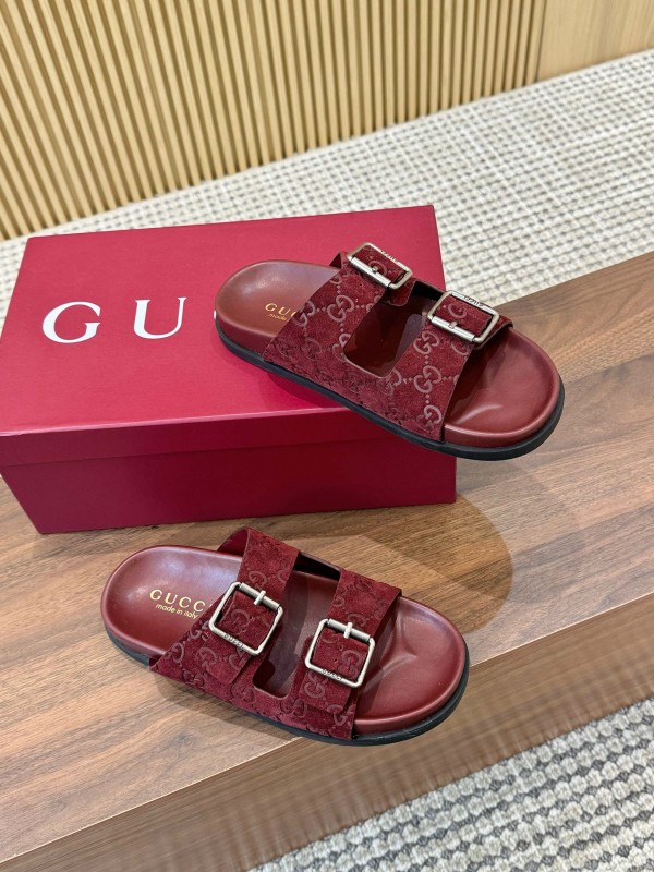 2025 Women Gucci Red Suede Leather Sandals Double Buckle LY00260