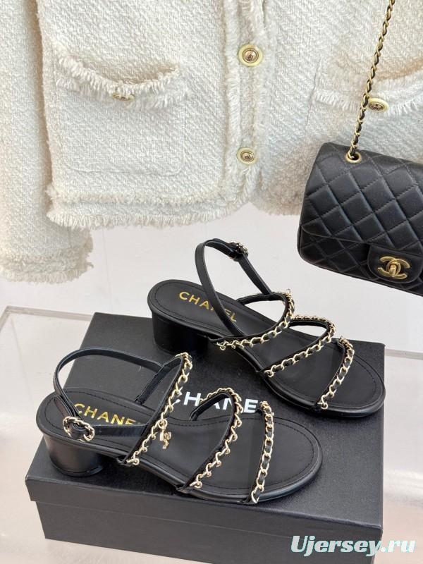 2025 Women Chanel Black Leather Sandals Chain KFY00270