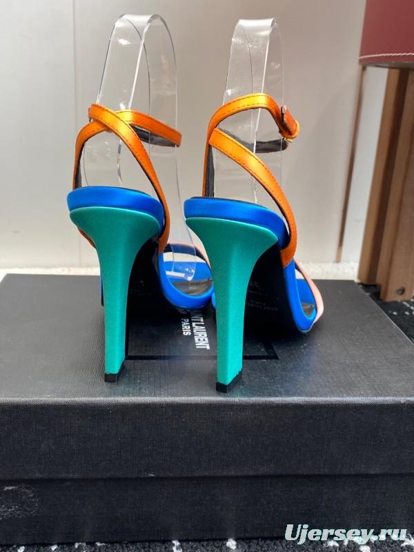 2025 Women Yves Saint Laurent Blue Orange Pink Leather Suede High Heel Sandals