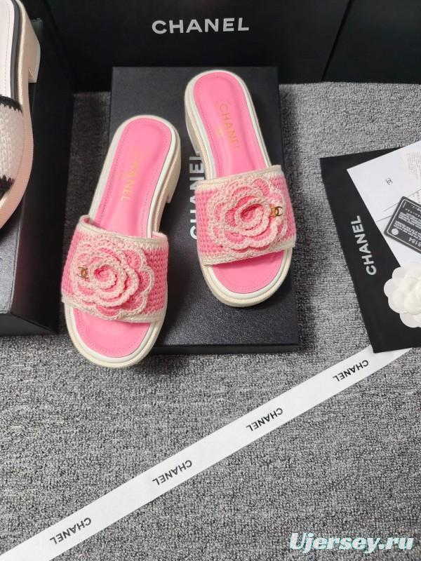 2025 Slippers Chanel Pink Straw Slide Floral LY00360
