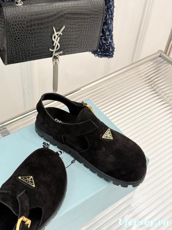 2025 Women Prada Black Suede Sandals