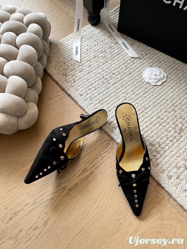 2025 Women Chanel Black Suede Pointed Toe Studded Mules