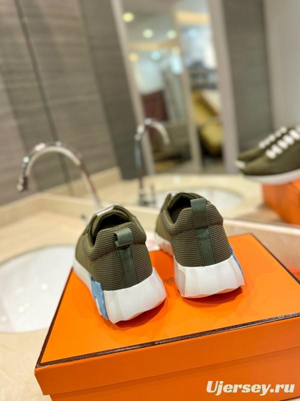 2024 Unisex Hermès Green Khaki Imported Silk Leather Sneakers MJ00320