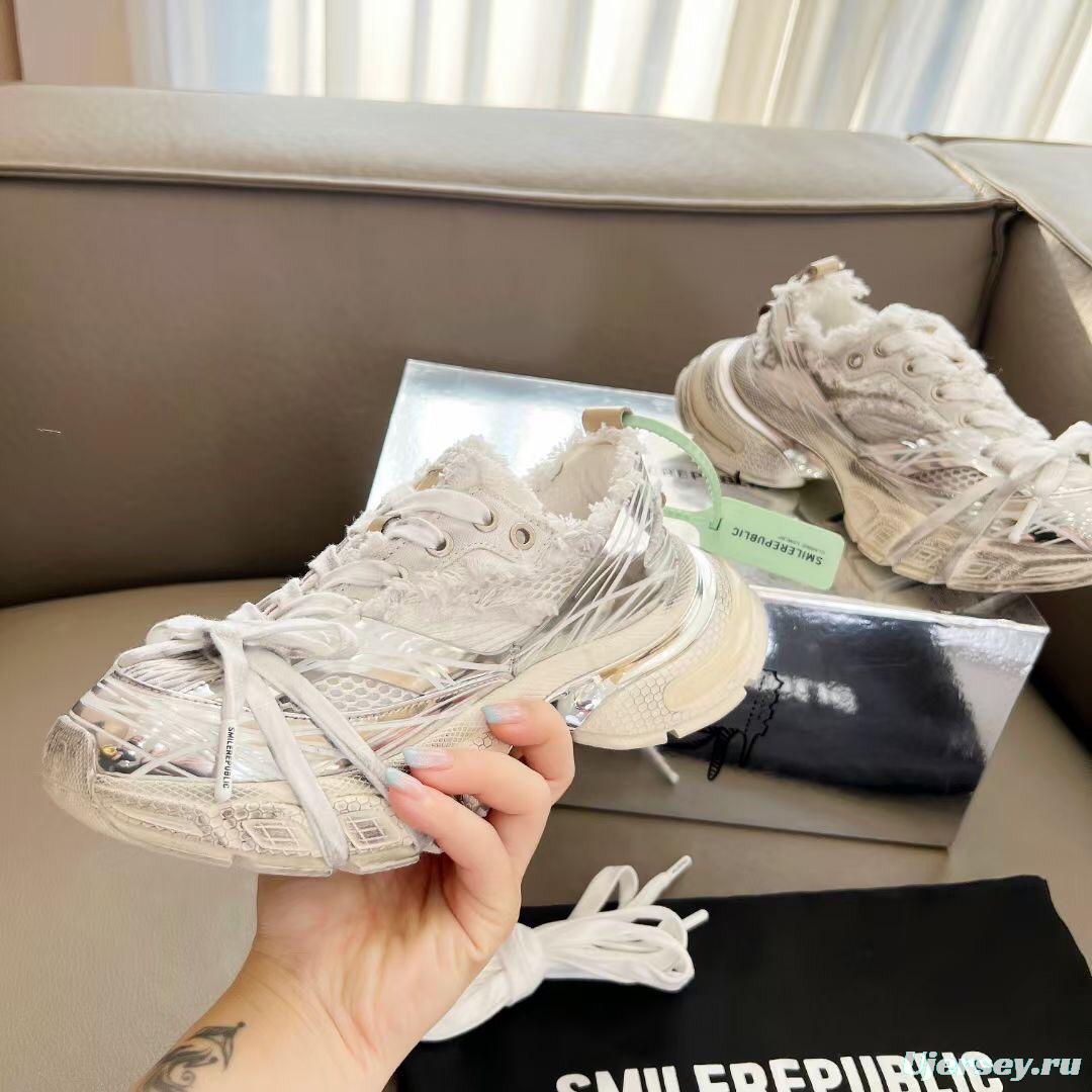 2025 Women Smile Republic White Silver Mesh Leather Sneakers