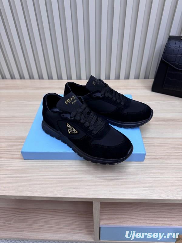 2025 Women Prada Black Suede Nylon Sneakers LY00300