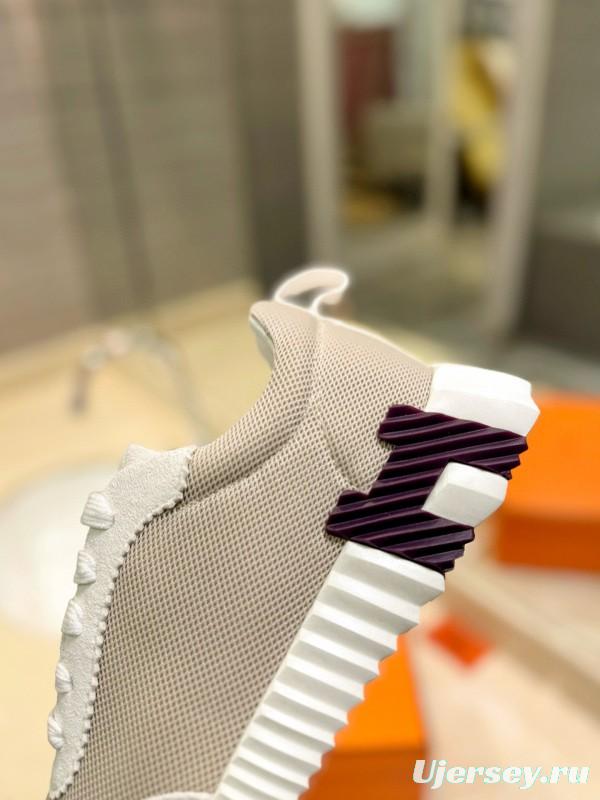 2024 Women Hermès White Beige Mesh Leather Sneakers MJ00320