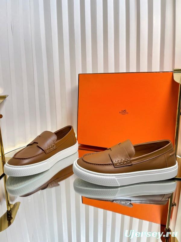 2025 Unisex Hermès Brown Leather Fabric Loafers Slip-On LY00310(F)/LY00320(M)