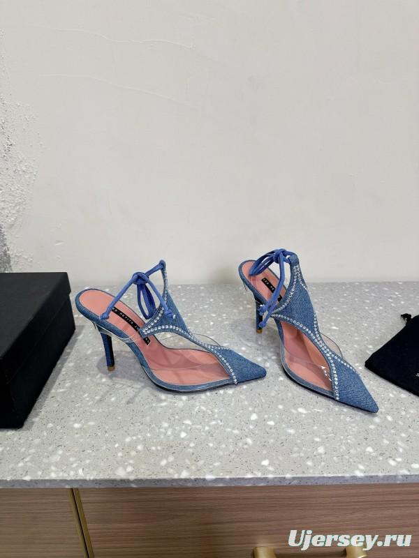 2025 Women Les Petits Joueurs Blue Denim Satin Leather Heels KFY00290