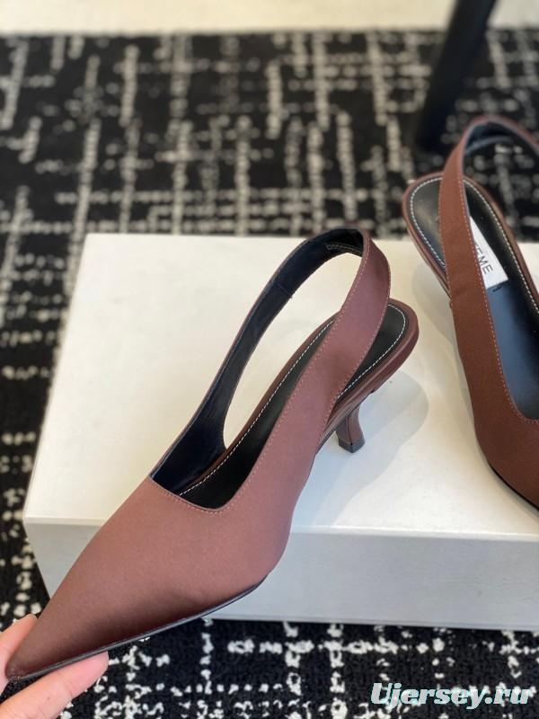 2025 Women Toteme Brown Satin Slingback Pointed Toe Heels