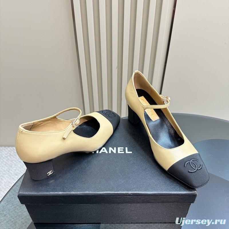 2025 Women Chanel Beige Black Leather Mary Jane Shoes KFY00290
