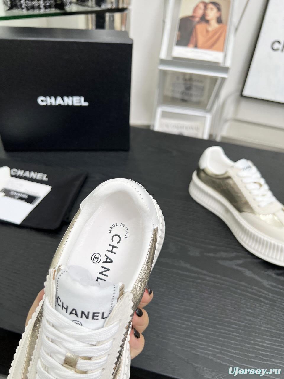 2025 Women Chanel White Gold Leather Suede Sneakers LY00270