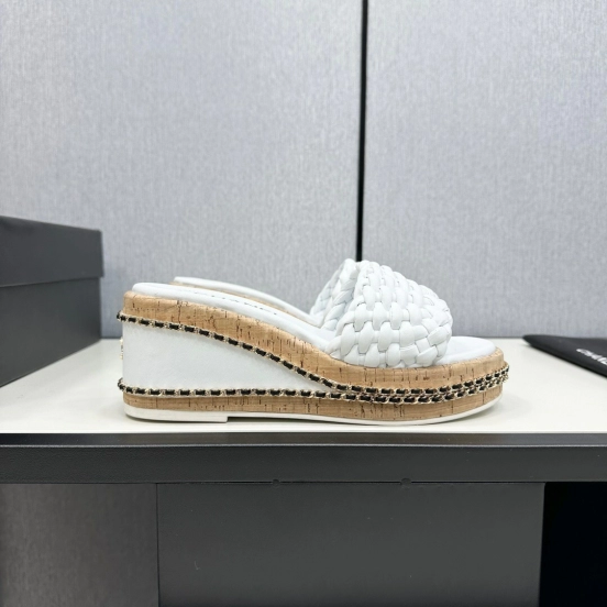 2025 Women Chanel White Leather Wedge Sandals