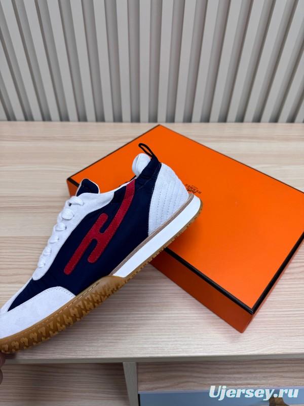 2025 Unisex Hermès White Navy Red Suede Down Fabric Sneakers Top Version LY00310