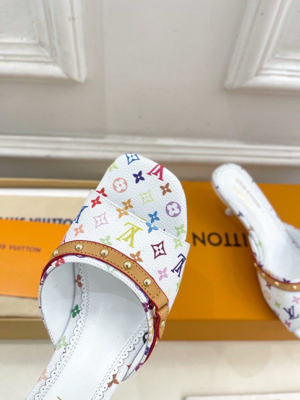 2025 Women Louis Vuitton White Rainbow Leather Slippers MJ00290