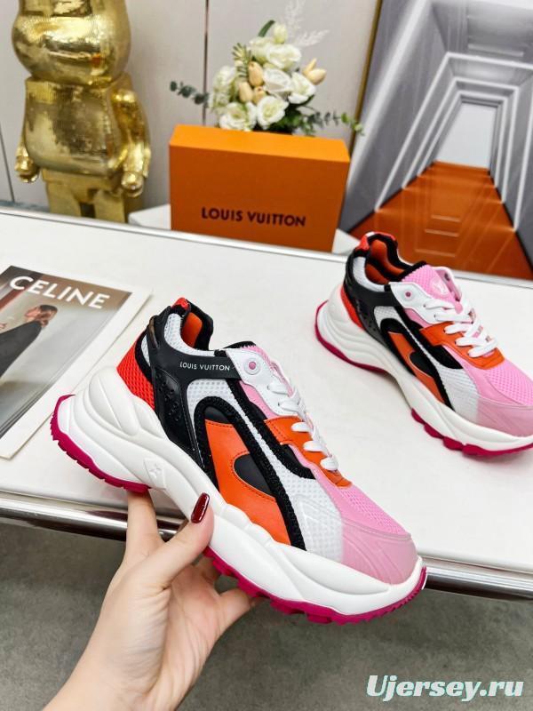 2025 Women Louis Vuitton Pink Orange Black Mesh Leather Sneakers LY00340