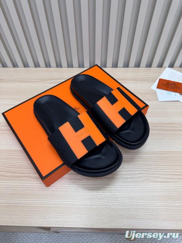 2025 Women Hermès Black Orange Leather Slippers