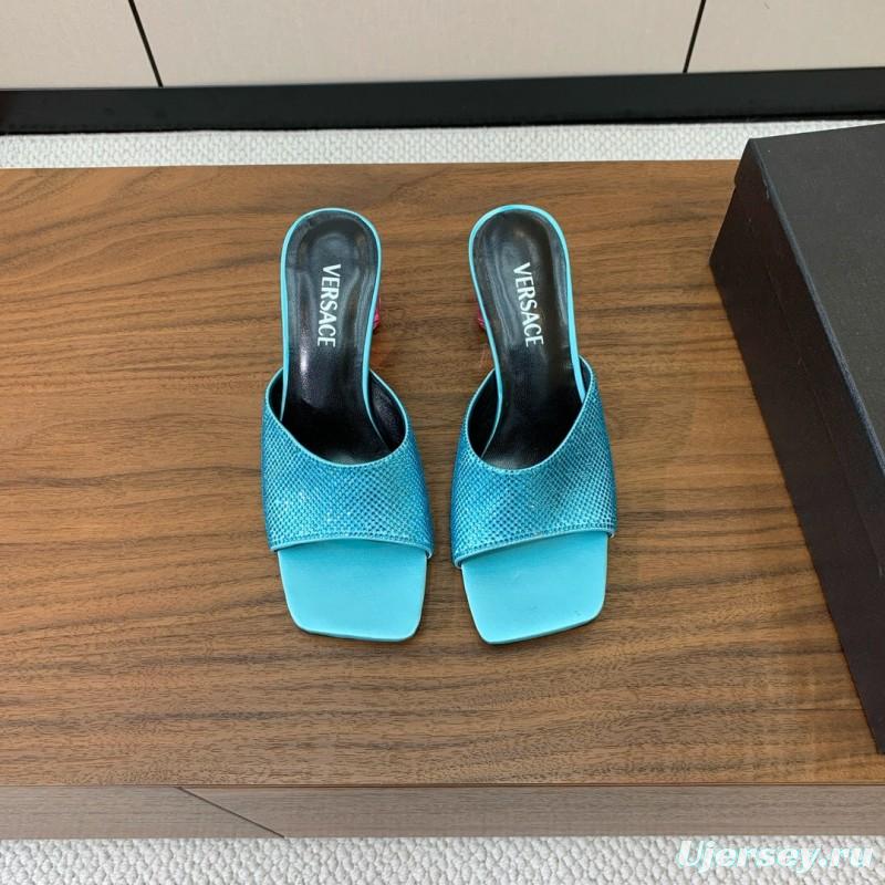 2025 Women VERSACE Blue Leather Slippers