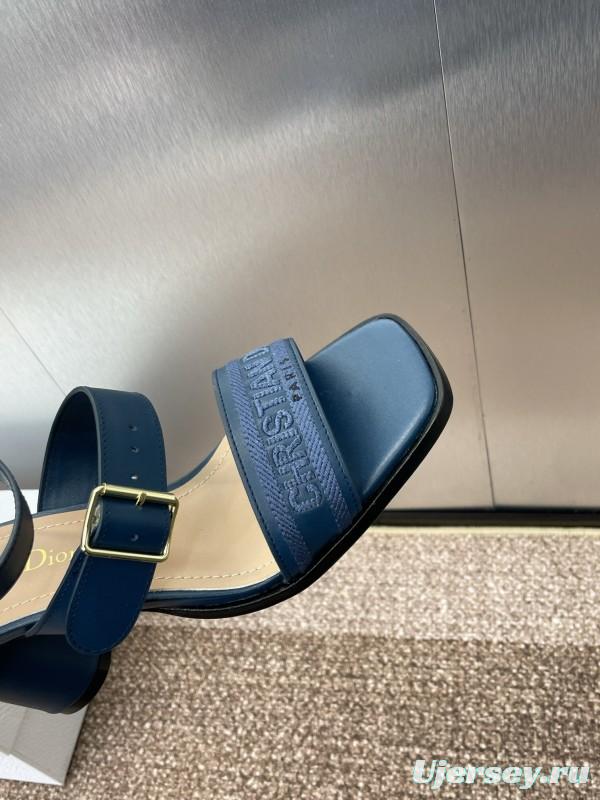 2025 Women Dior Navy Blue Leather Sandals Ankle Strap KFY00310