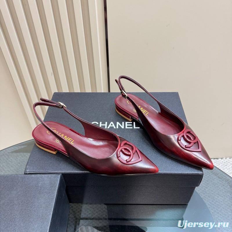 2025 Women Chanel Bordeaux Leather Slingback Sandals KFY00290