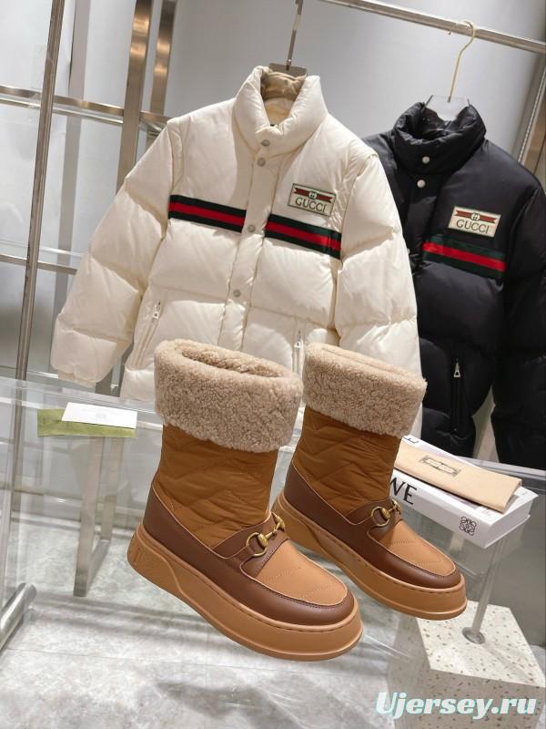 2024 Women Gucci Brown Tan Leather Shearling Lined Snow Boots MJ00420