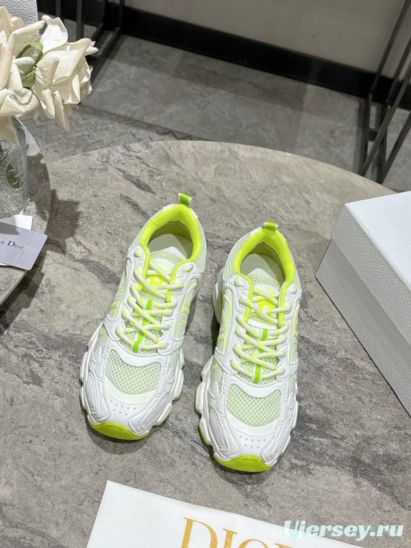 2025 Women Dior White Neon Yellow Mesh Leather Sneakers KFY00370