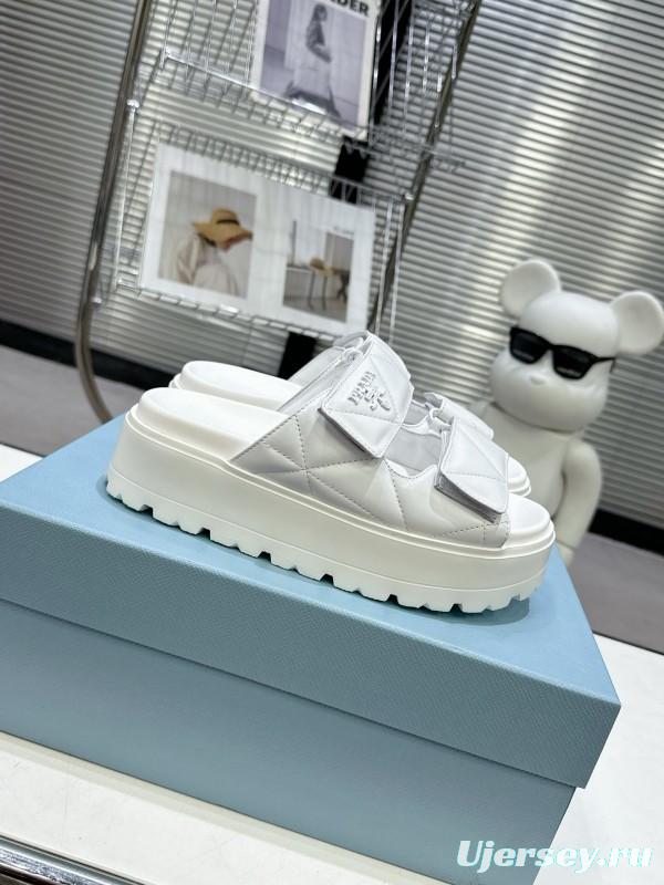 2025 Women Prada White Leather Sandals